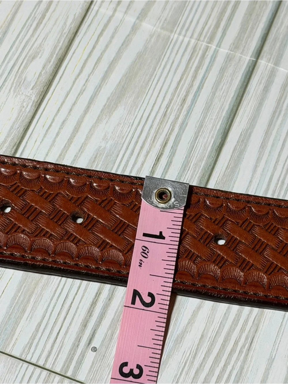 Vintage Strong Tooled Leather Belt 42 Brown Western Brass Buckle USA